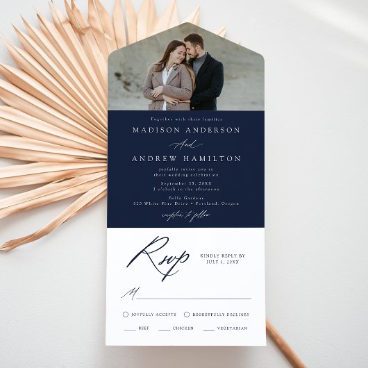 Elegante Calligraphy Navy Foto Hochzeit All In One Einladung