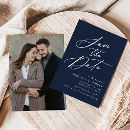 Elegante Calligraphy Navy Foto Hochzeit Save The Date