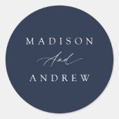 Elegante Calligraphy Navy Hochzeit Runder Aufkleber (Vorderseite)