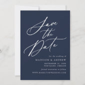Elegante Calligraphy Navy Hochzeit Save The Date (Vorderseite)