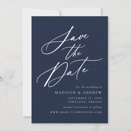 Elegante Calligraphy Navy Hochzeit Save The Date (Vorderseite)