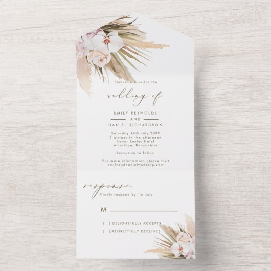 Elegante Calligraphy Pampas Grass Wedding All In One Einladung (Innen Boden)