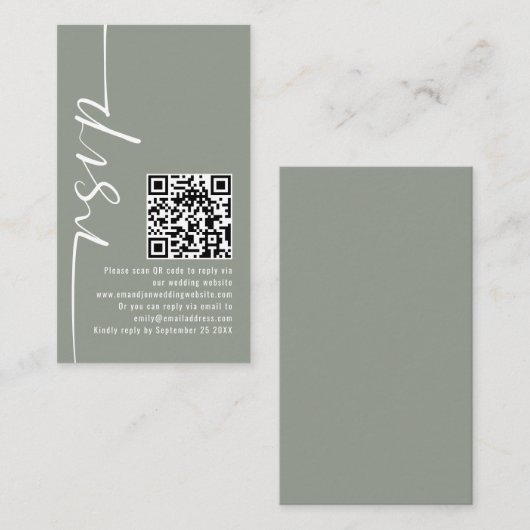 Elegante Calligraphy QR Code Sage Wedding RSVP Begleitkarte (Vorne/Hinten)