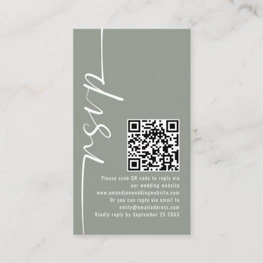 Elegante Calligraphy QR Code Sage Wedding RSVP Begleitkarte (Vorderseite)
