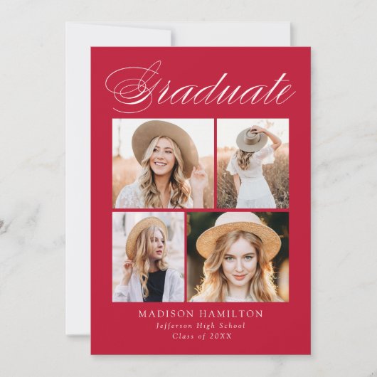 Elegante Calligraphy Red Foto Graduation Party Einladung (Vorderseite)