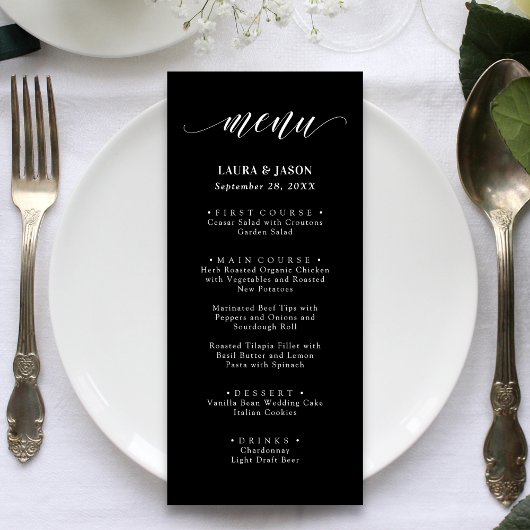 Elegante Calligraphy Rustic Wedding Menu Cards Menükarte