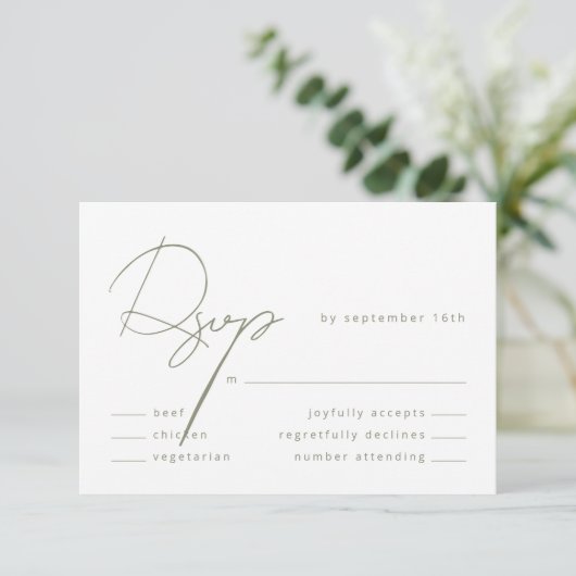 Elegante Calligraphy Sage Green Meal Wedding RSVP Karte (Stehend Vorderseite)