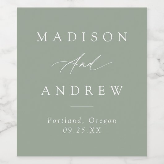 Elegante Calligraphy Sage Green Wedding Weinetikett (Einzelnes Label)
