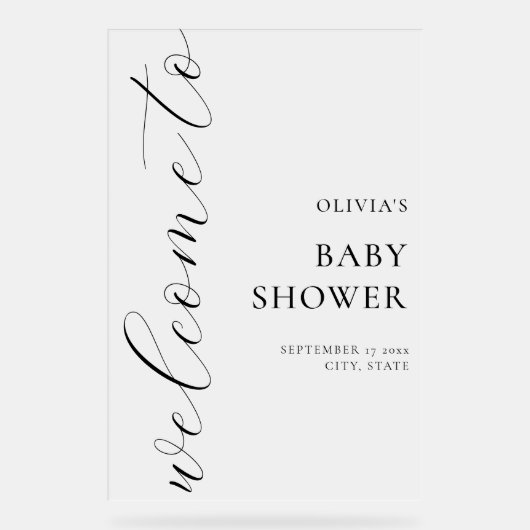 Elegante Calligraphy Script Baby Dusche Willkommen Acrylschild (Vorderseite)