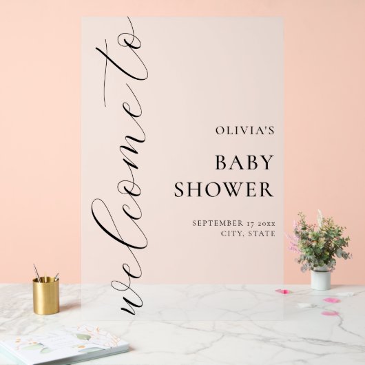 Elegante Calligraphy Script Baby Dusche Willkommen Acrylschild (Hochzeit)