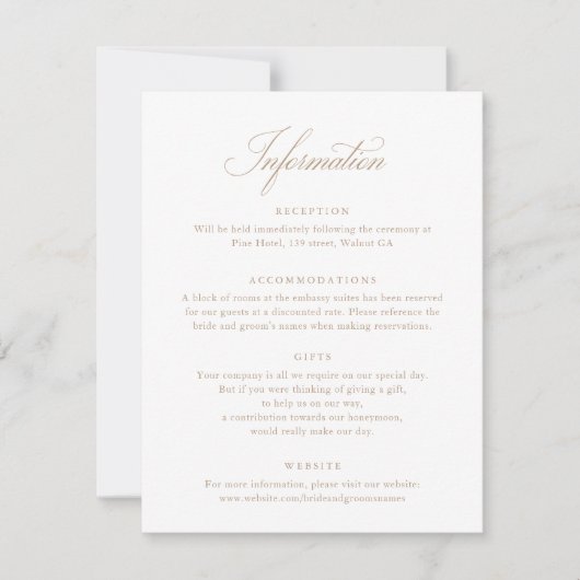 Elegante Calligraphy Script Beige Wedding Info Car Einladung (Vorderseite)