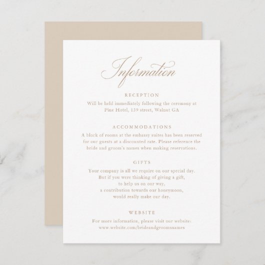 Elegante Calligraphy Script Beige Wedding Info Car Einladung (Vorne/Hinten)