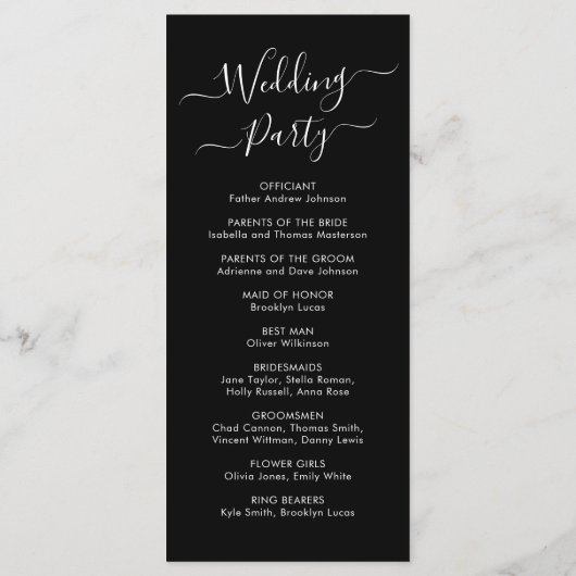 Elegante Calligraphy Script Black Wedding Zeremony Programm (Rückseite)