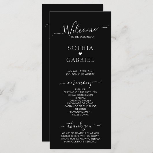 Elegante Calligraphy Script Black Wedding Zeremony Programm (Vorne/Hinten)