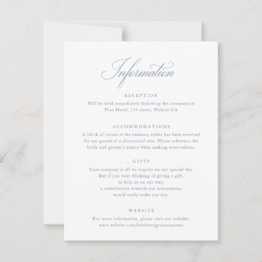 Elegante Calligraphy Script Blue Wedding Info Card Einladung (Vorderseite)