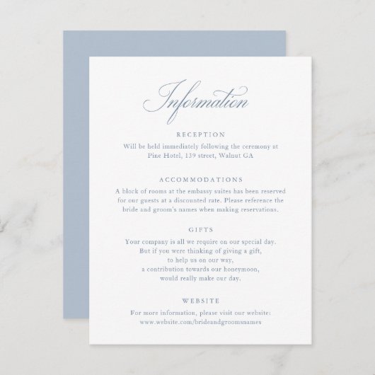 Elegante Calligraphy Script Blue Wedding Info Card Einladung (Vorne/Hinten)