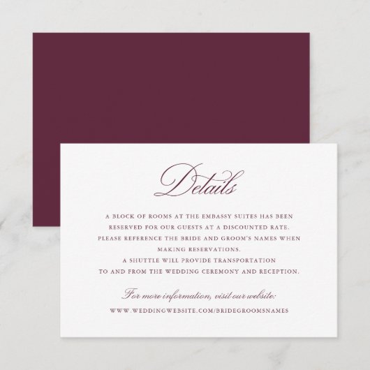 Elegante Calligraphy Script Merlot Hochzeitdetails Einladung (Vorne/Hinten)