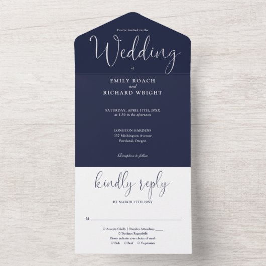 Elegante Calligraphy Script Navy Blue Wedding All In One Einladung (Innen Boden)