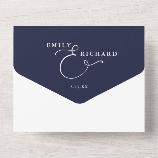 Elegante Calligraphy Script Navy Blue Wedding All In One Einladung (Rückseite)