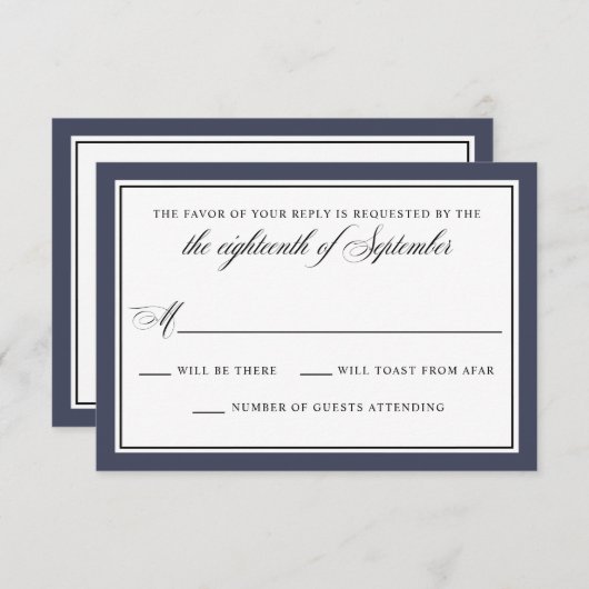 Elegante Calligraphy Script Navy Blue Wedding RSVP (Vorne/Hinten)