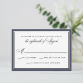 Elegante Calligraphy Script Navy Blue Wedding RSVP (Stehend Vorderseite)