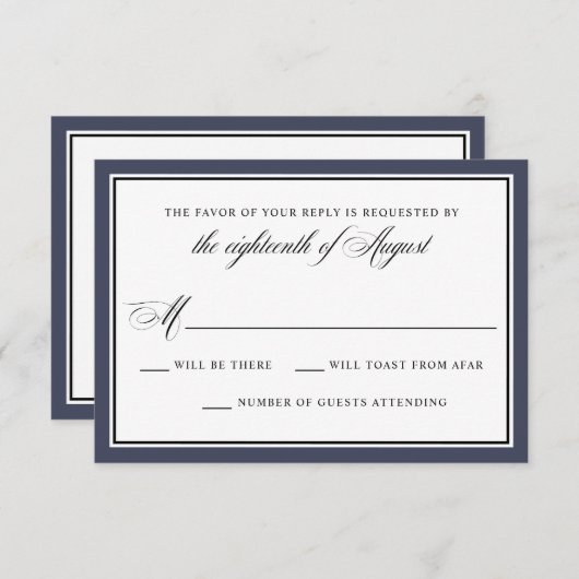 Elegante Calligraphy Script Navy Blue Wedding RSVP (Vorne/Hinten)