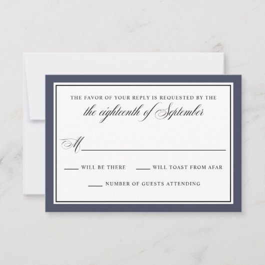 Elegante Calligraphy Script Navy Blue Wedding RSVP Karte (Vorderseite)