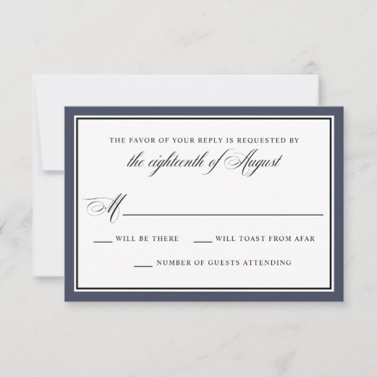 Elegante Calligraphy Script Navy Blue Wedding RSVP Karte (Vorderseite)