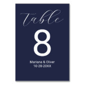 Elegante Calligraphy Script Navy Blue Wedding Tischnummer (Vorderseite)