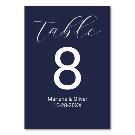 Elegante Calligraphy Script Navy Blue Wedding Tischnummer (Vorderseite)