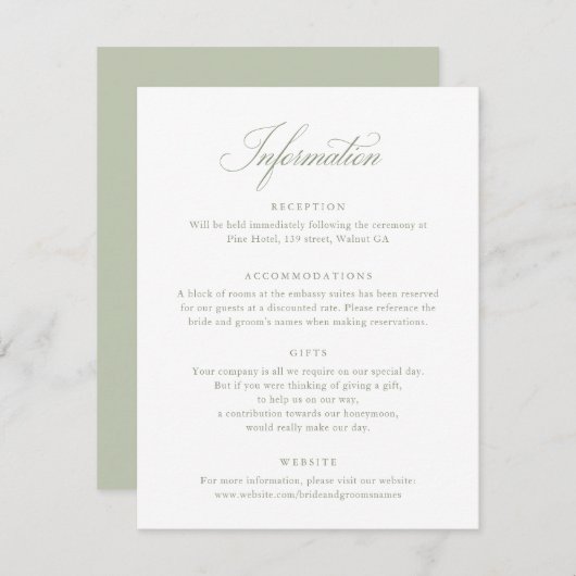 Elegante Calligraphy Script Sage Wedding Info Card Einladung (Vorne/Hinten)
