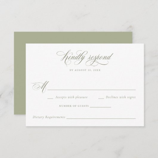 Elegante Calligraphy Script Sage Wedding RSVP Einladung (Vorne/Hinten)