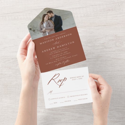 Elegante Calligraphy Terracotta Foto Wedding All In One Einladung (Abreißen)