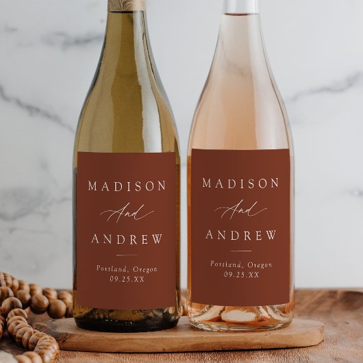 Elegante Calligraphy Terracotta Wedding Weinetikett