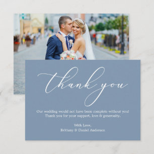 Elegante Calligraphy Wedding Foto Dusty Blue Dankeskarte