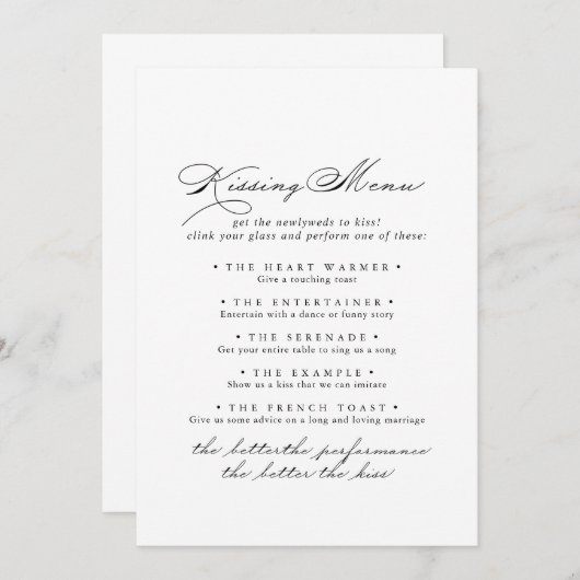 Elegante Calligraphy Wedding Kissing Menu Game Car (Vorne/Hinten)