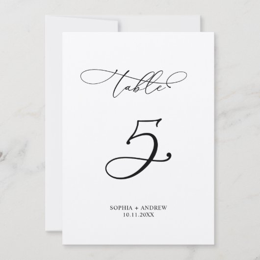 Elegante Calligraphy Wedding Tischnummer 5 (Vorderseite)