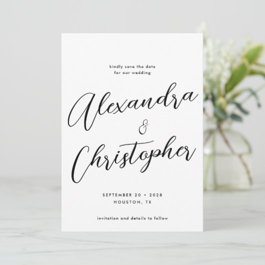 Elegante Calligraphy Wedding Verlobung Save The Date (Stehend Vorderseite)