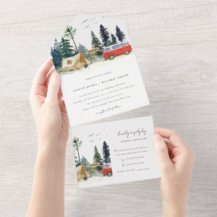 Elegante Camping-Wasserfarbe Kiefernwald-Hochzeit All In One Einladung