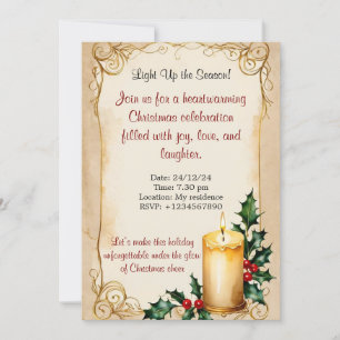 Elegante Candle und Holly Weihnachten Einladung