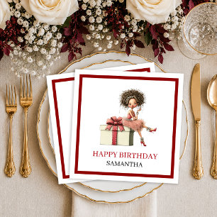 Elegante Cartoon-Frau Marsala-Schrift Geburtstagss Serviette