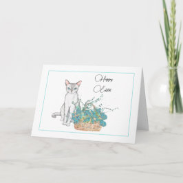 Elegante Cat Oaster Card mit Blauen Blumen Karte