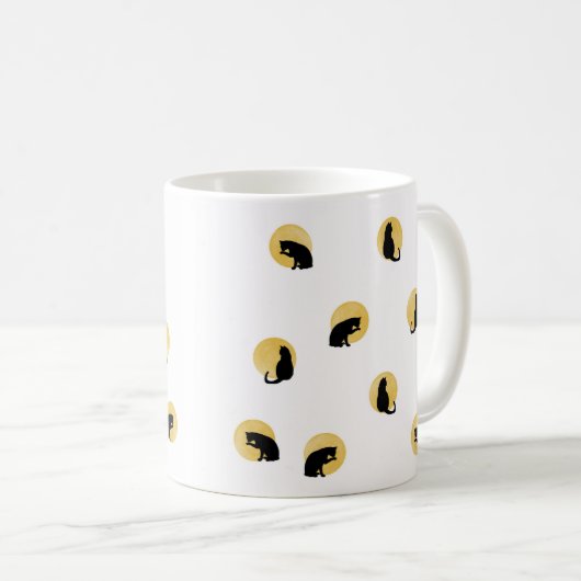 Elegante Cat Silhouette Golden Circles White Kaffeetasse (VorderseiteRechts)
