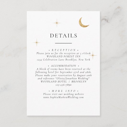 Elegante Celestial Gold Moon Stars Hochzeiten Deta Begleitkarte (Vorderseite)