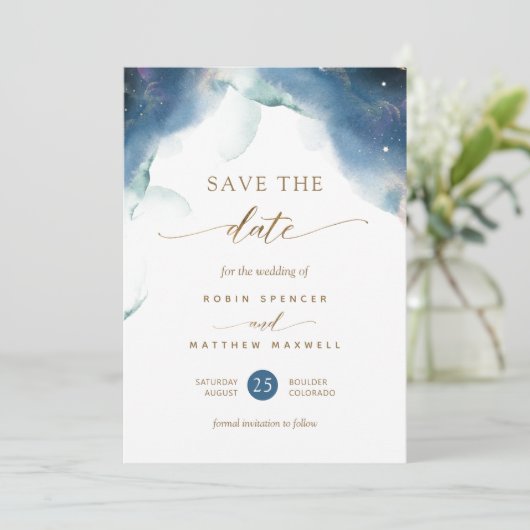 Elegante Celestial Watercolor Hochzeit Save The Date (Stehend Vorderseite)