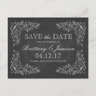 Elegante Chalkboard Filigree Wedding Save the Date Ankündigungspostkarte