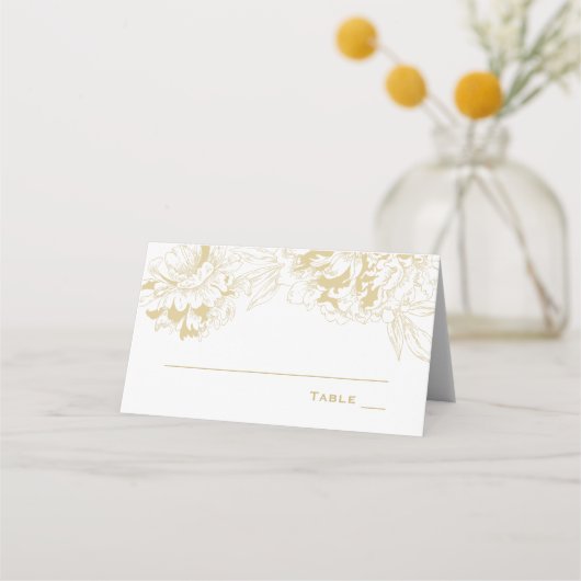Elegante Champagne Gold Floral Peony Wedding Platzkarte (Vorderseite)