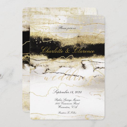 Elegante Champagne Gold Schwarz-weiß Luxury Weddin Einladung (Vorne/Hinten)