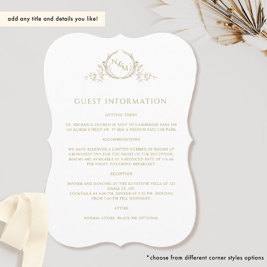 Elegante Champagne Monogram Guest Information Card Einladung
