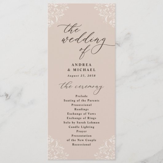 Elegante Champagne Tan Vintage Hochzeitsprogramme Programm (Vorderseite)